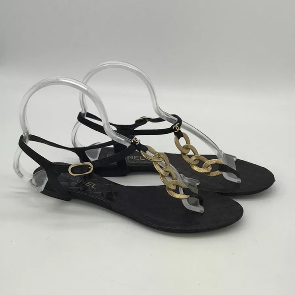Chanel Black Quilted Gold Chain Sandals 38 - Picture 2 of 5